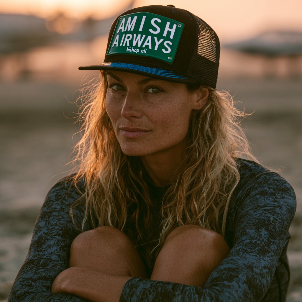 Amish Airways black trucker cap with Bishop Eli patch