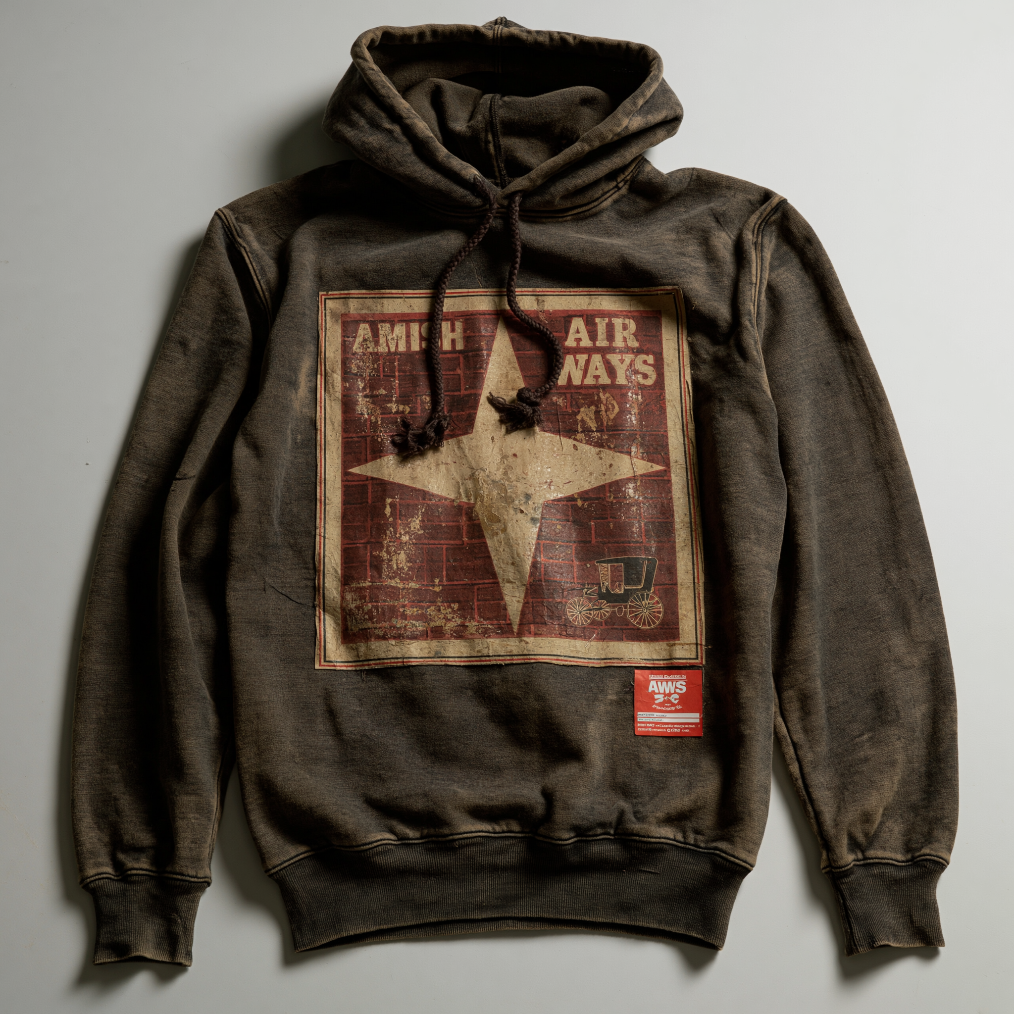 The Gelassenheit Hoodie — distressed dark brown Amish Airways hoodie